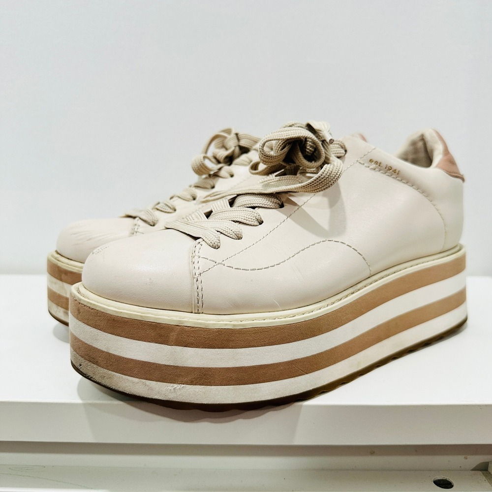 Coach Platform Sneaker Womens 9B G4012 Cream Leather Striped Flatform Shoe - Picture 3 of 16